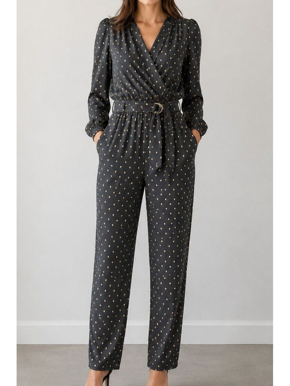 Ann Taylor Black Metallic Gold Dot Wrap Jumpsuit Belted Long Sleeve Size 10